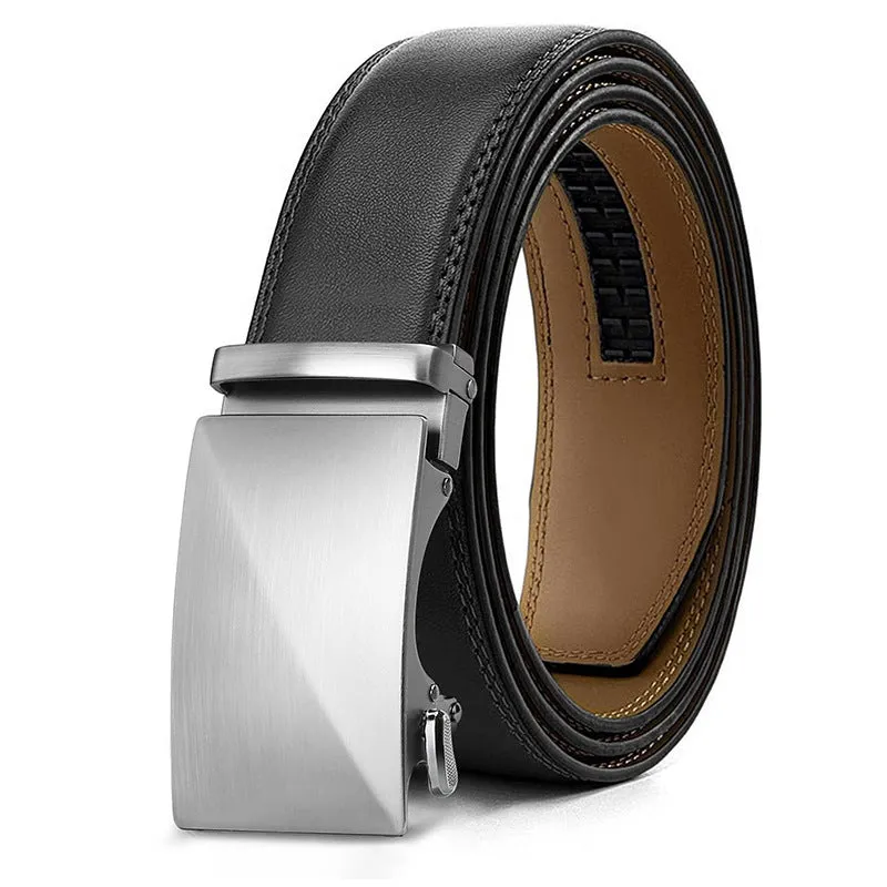 Men's automatic buckle belt in embossed PU leather with alloy buckle, showing colour style options.