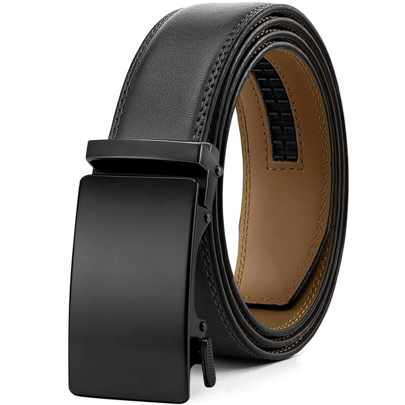 Men's automatic buckle belt in embossed PU leather with alloy buckle, showing colour style options.