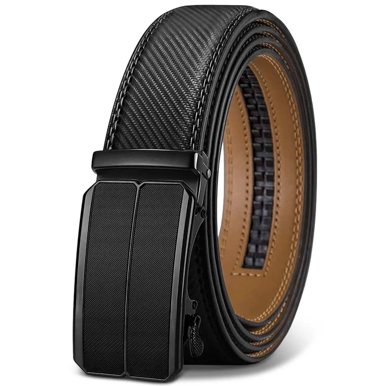 Men's automatic buckle belt in embossed PU leather with alloy buckle, showing colour style options.