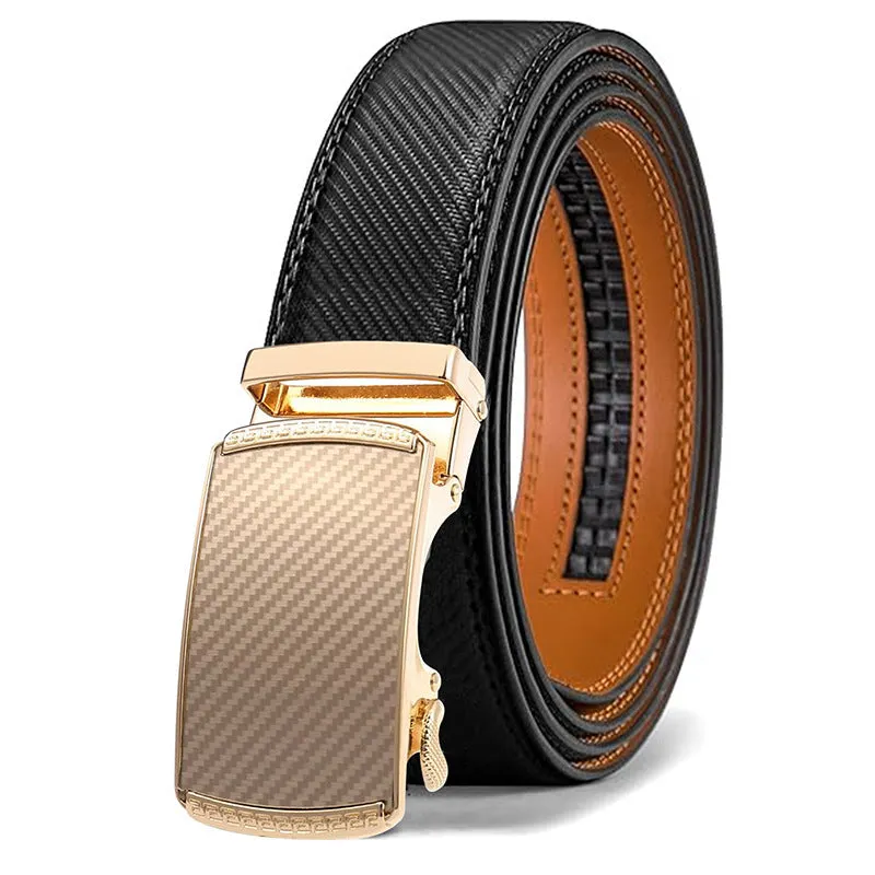 Men's automatic buckle belt in embossed PU leather with alloy buckle, showing colour style options.