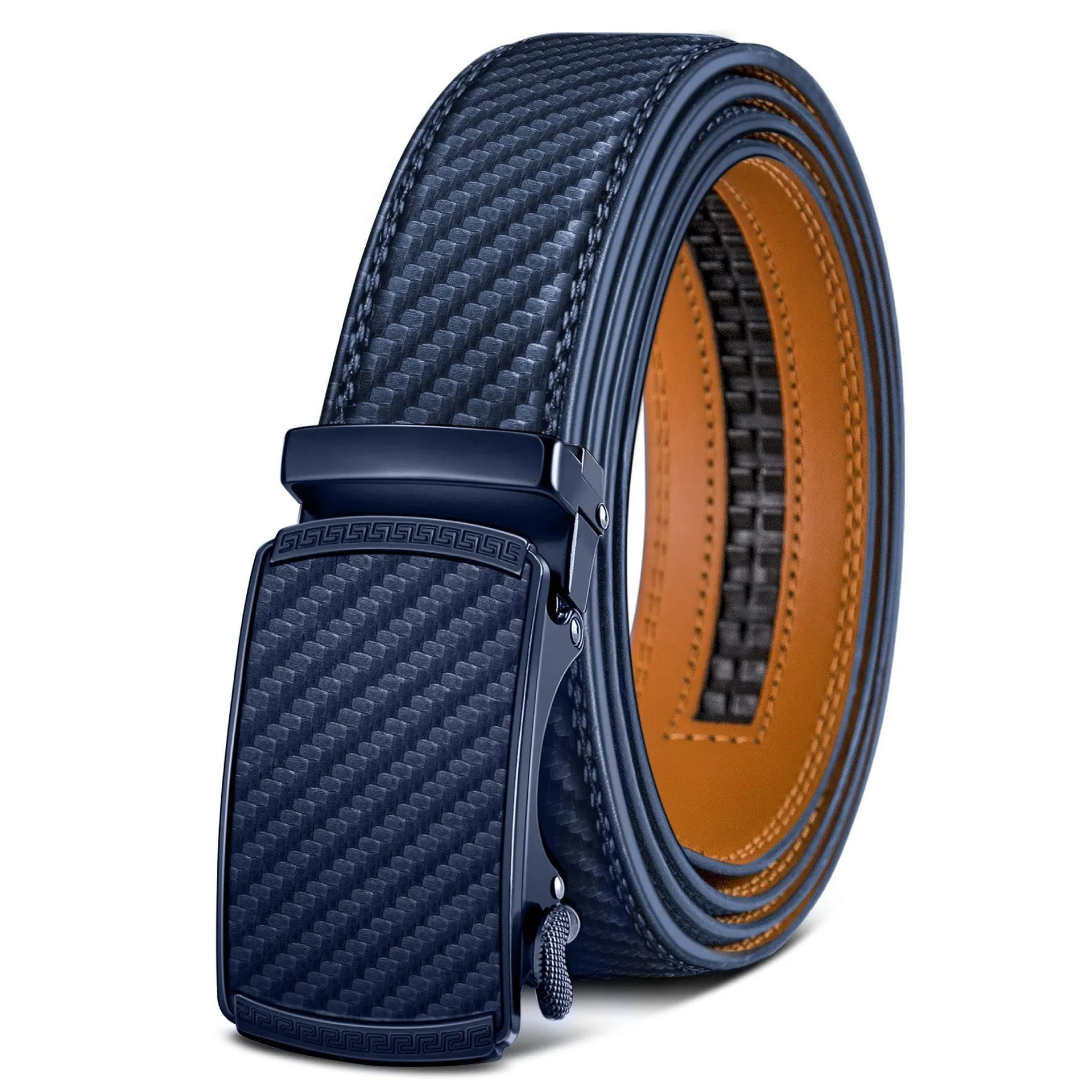 Men's automatic buckle belt in embossed PU leather with alloy buckle, showing colour style options.