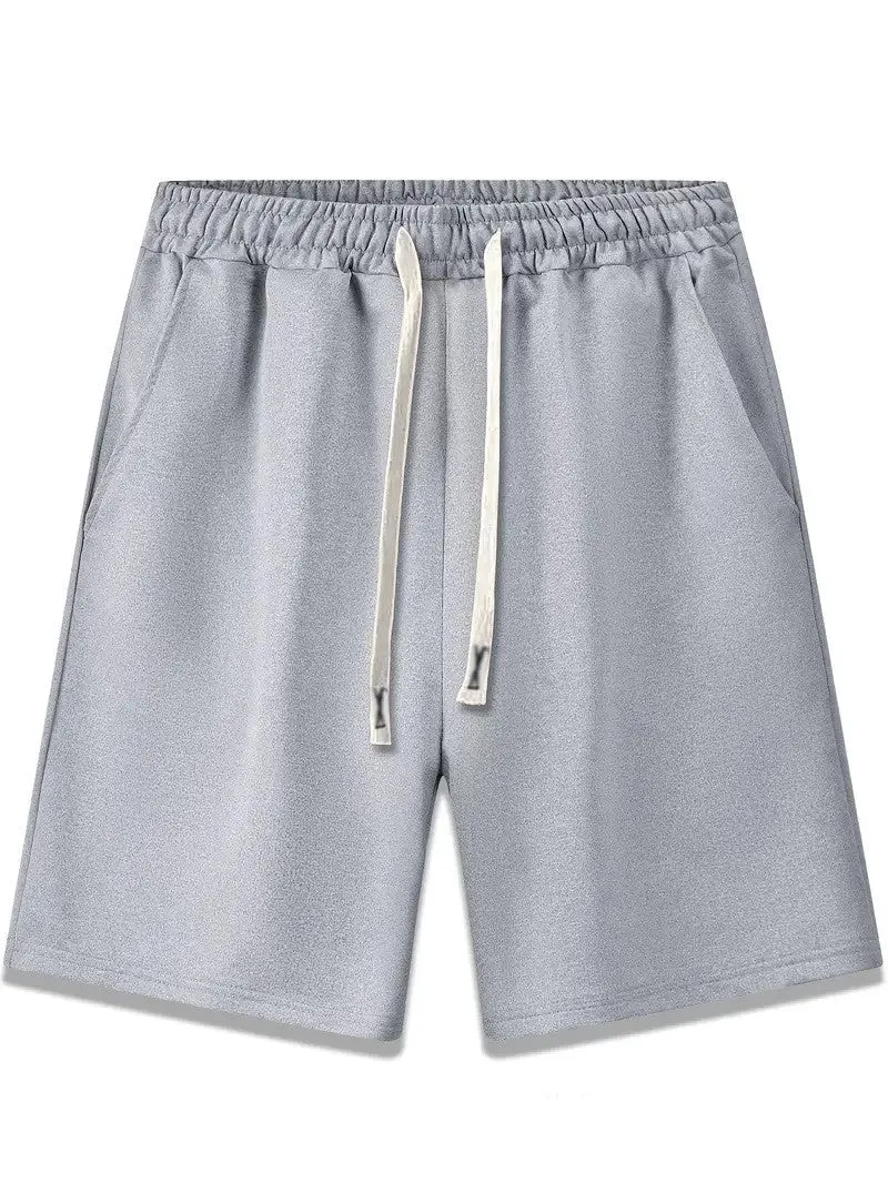 Men's loose fit printed beach shorts in khaki polyester fabric with elastic waist