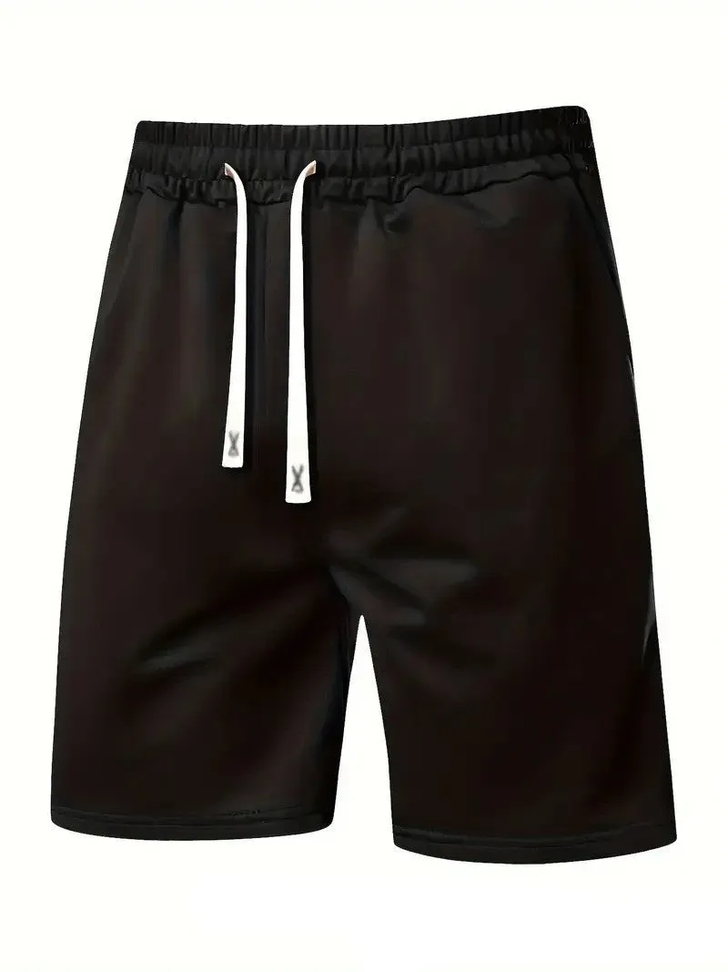 Men's loose fit printed beach shorts in khaki polyester fabric with elastic waist