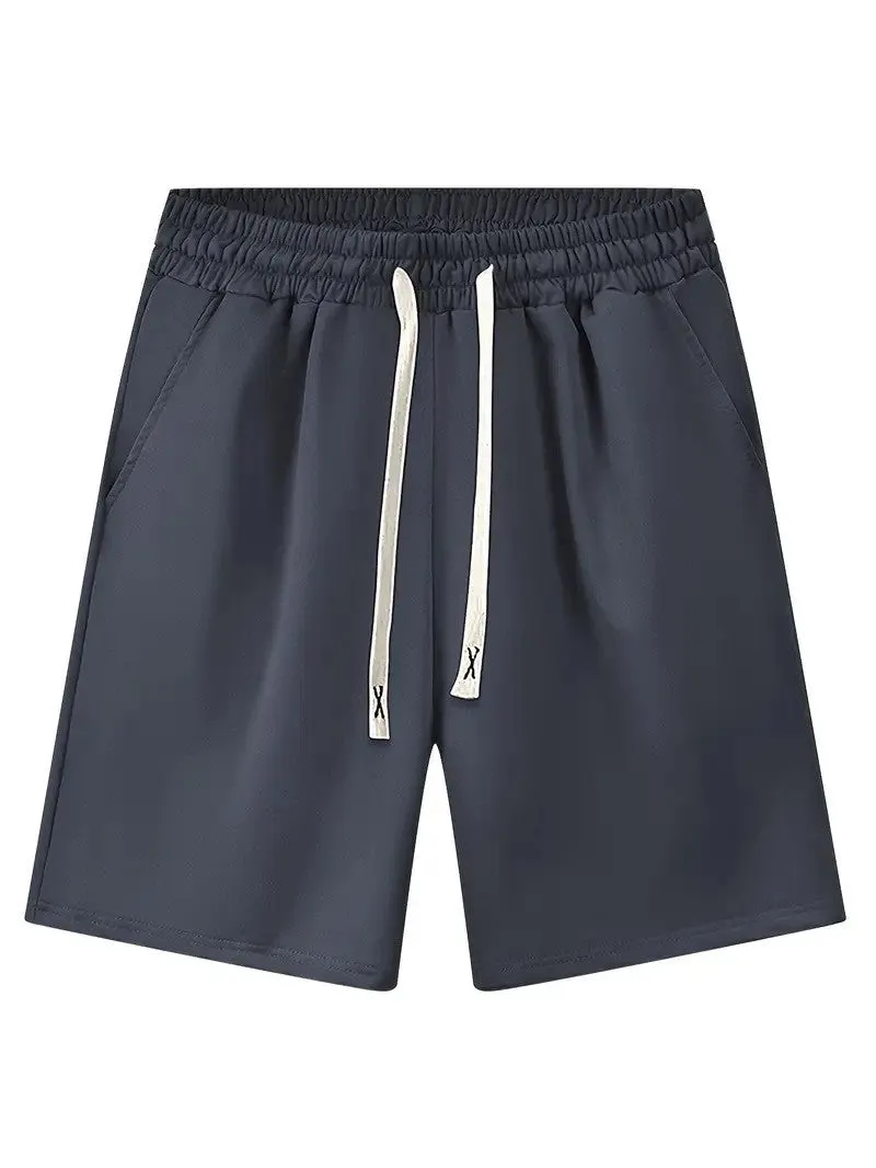 Men's loose fit printed beach shorts in khaki polyester fabric with elastic waist