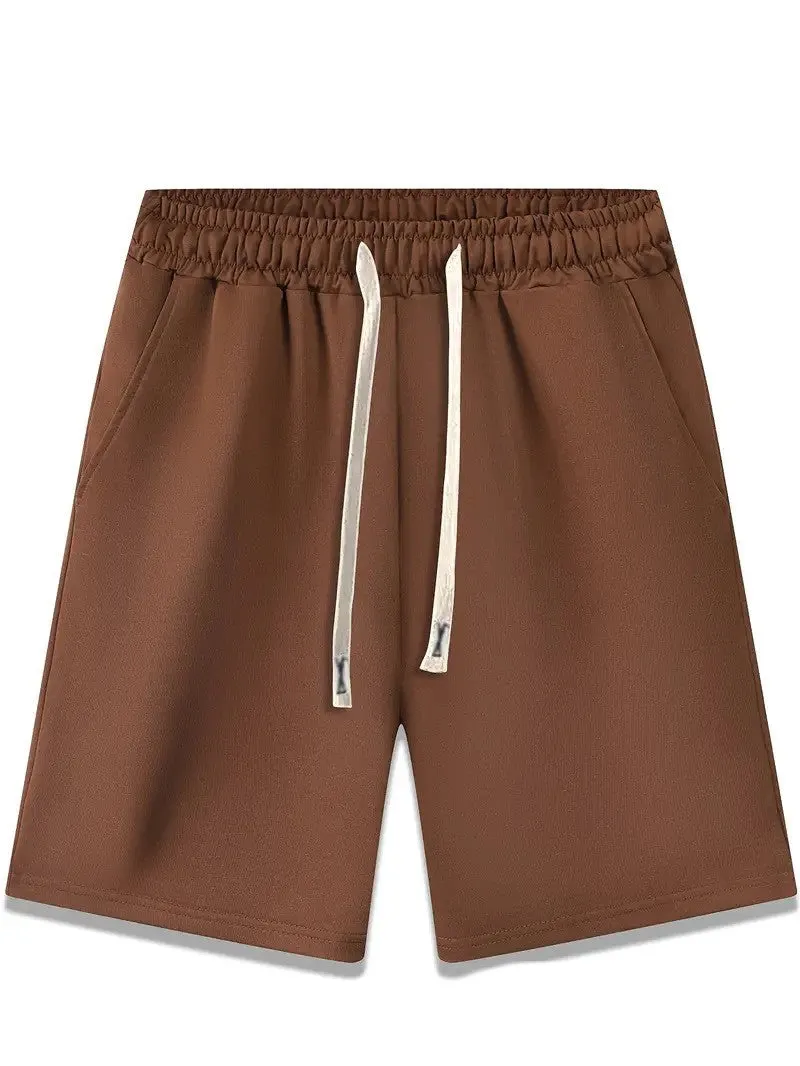 Men's loose fit printed beach shorts in khaki polyester fabric with elastic waist