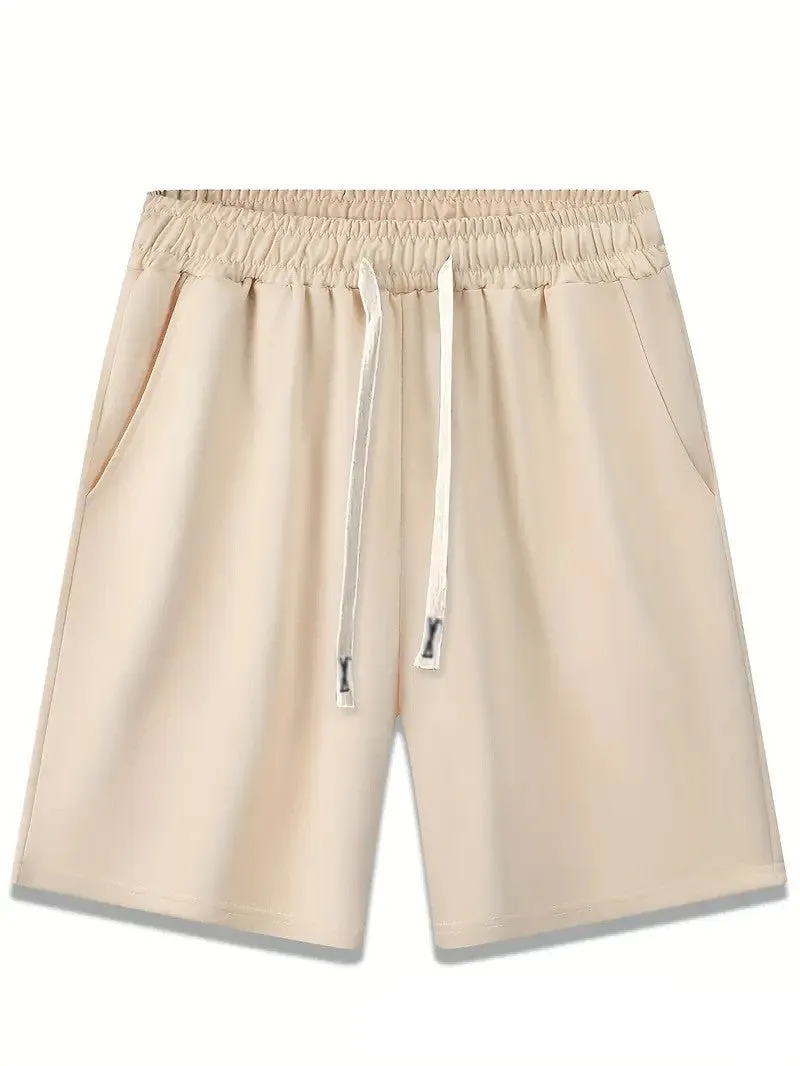 Men's loose fit printed beach shorts in khaki polyester fabric with elastic waist