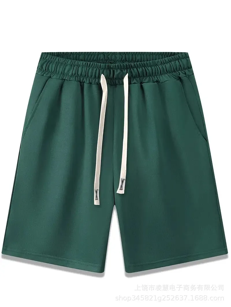 Men's loose fit printed beach shorts in khaki polyester fabric with elastic waist