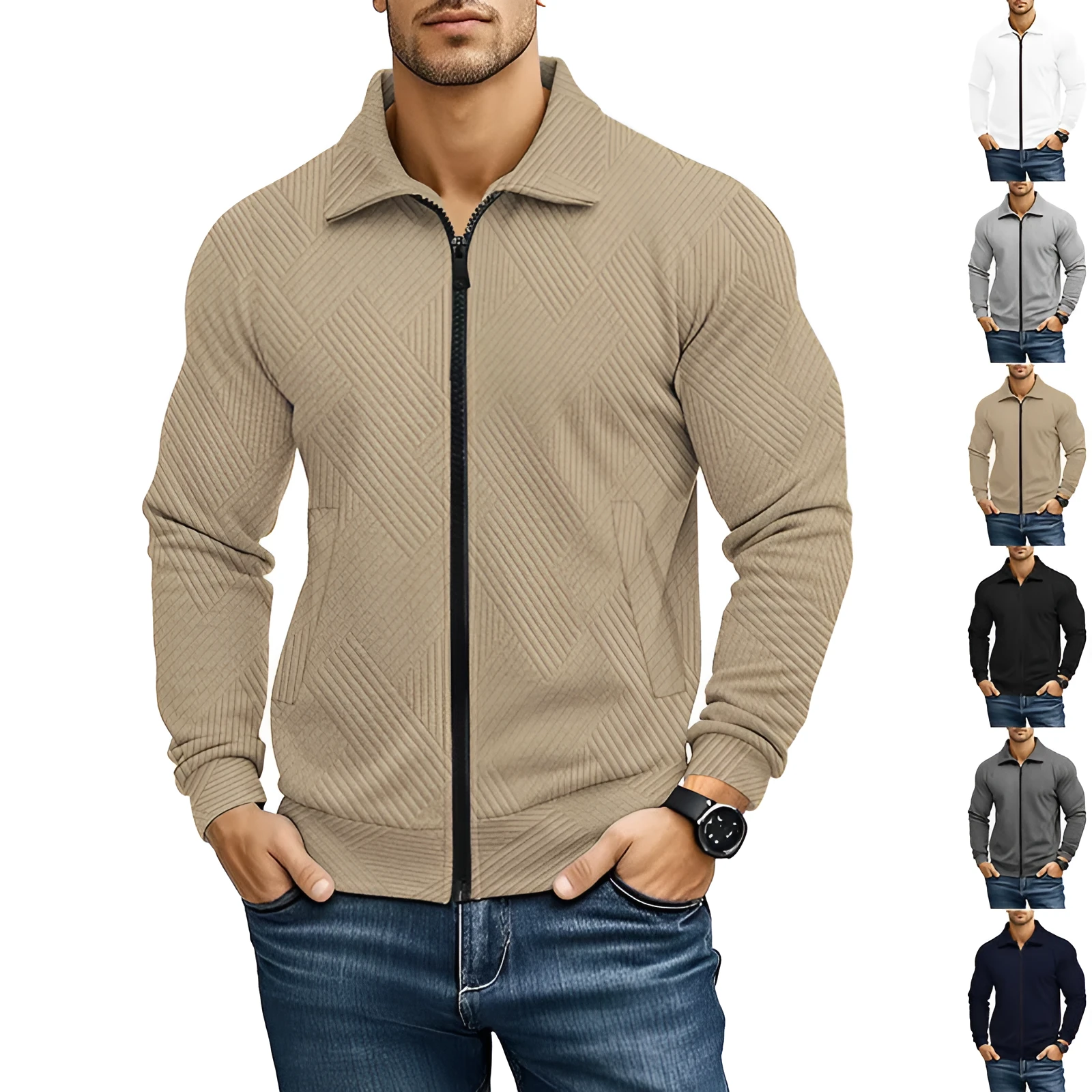 Men's British style casual jacket with turn-down collar in solid colour cotton blend fabric