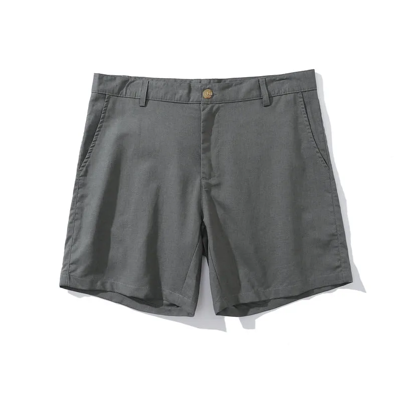 Men's loose plus size linen cotton blend casual shorts in green, side view, showing relaxed fit and mid-waist design.