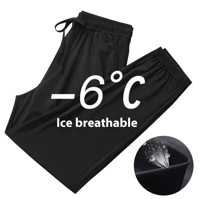 Men's black ice silk loose ankle-tied quick-dry pants for running and outdoor sports