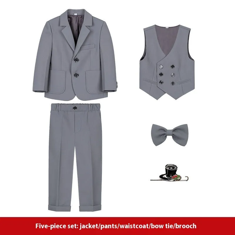 Boys British solid colour suit dress set with single-breasted jacket, long sleeves, vest, bow tie, and brooch in beige blue or gray