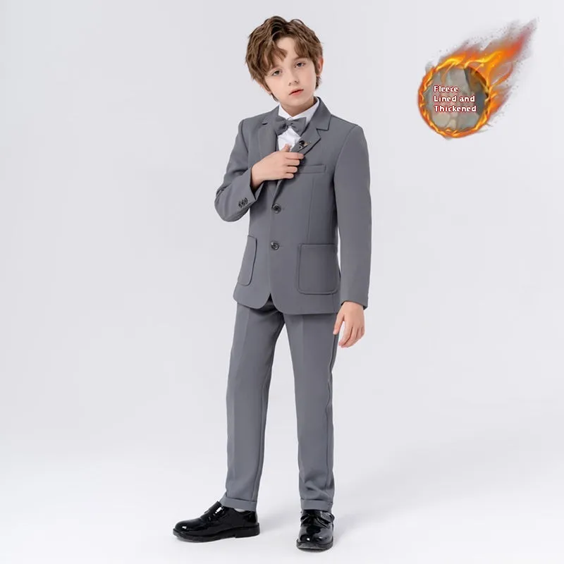Boys British solid colour suit dress set with single-breasted jacket, long sleeves, vest, bow tie, and brooch in beige blue or gray
