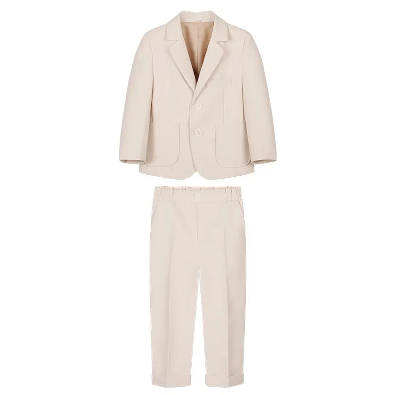Boys British solid colour suit dress set with single-breasted jacket, long sleeves, vest, bow tie, and brooch in beige blue or gray