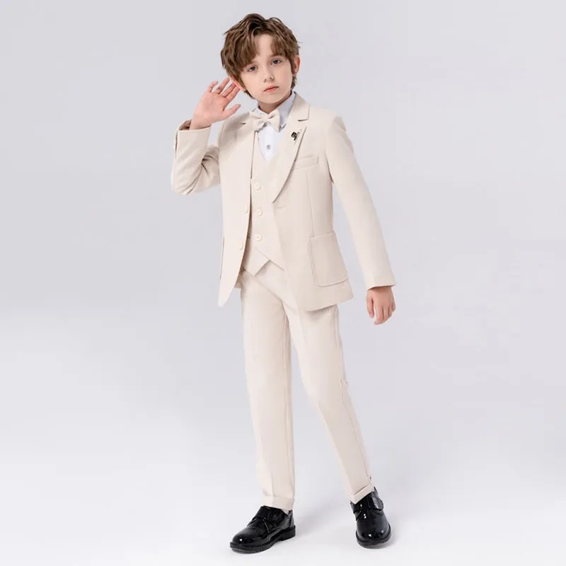 Boys British solid colour suit dress set with single-breasted jacket, long sleeves, vest, bow tie, and brooch in beige blue or gray