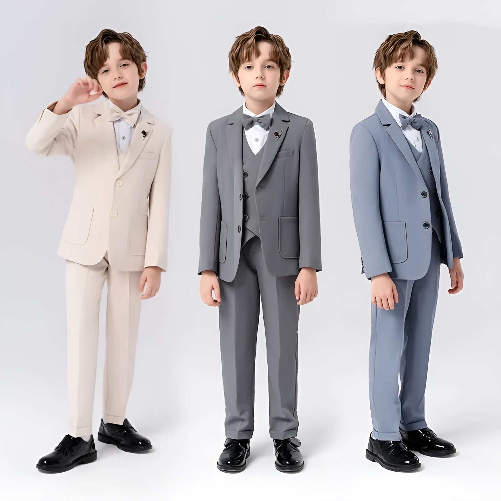 Boys British solid colour suit dress set with single-breasted jacket, long sleeves, vest, bow tie, and brooch in beige blue or gray