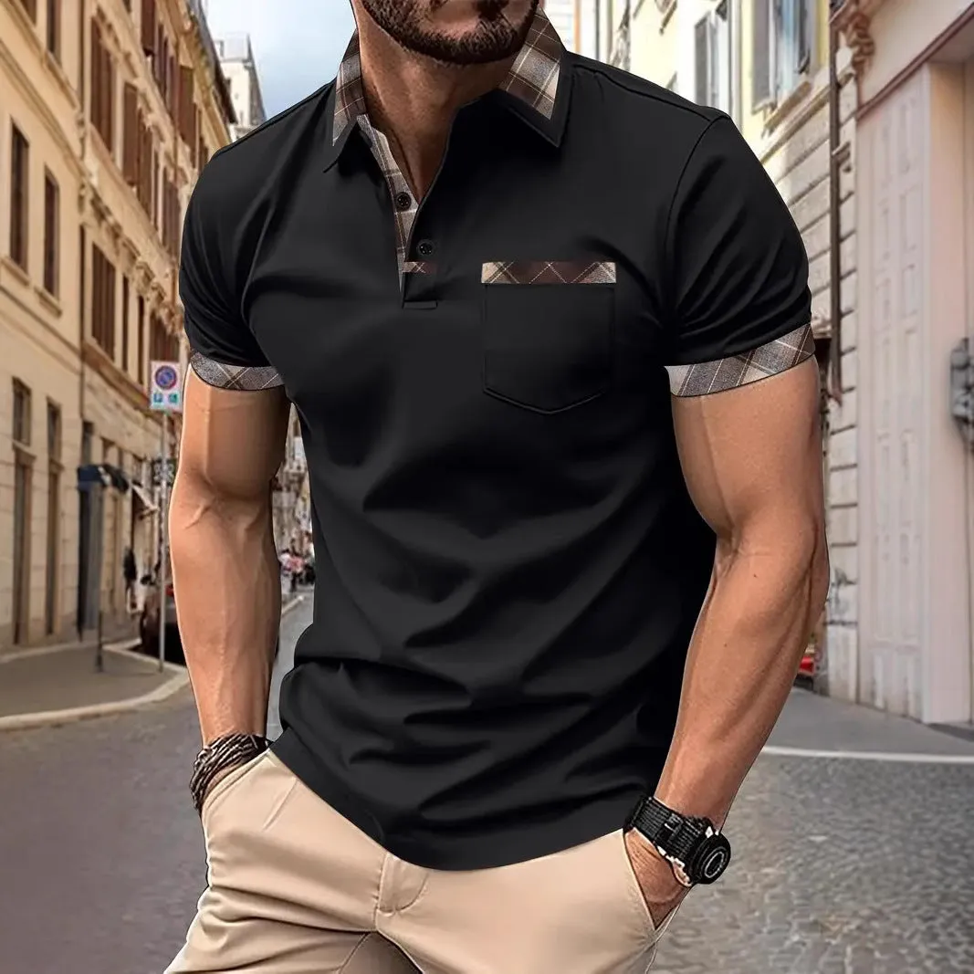 Men's loose fit plaid colourblock short sleeve t-shirt with zipper details on a neutral background.