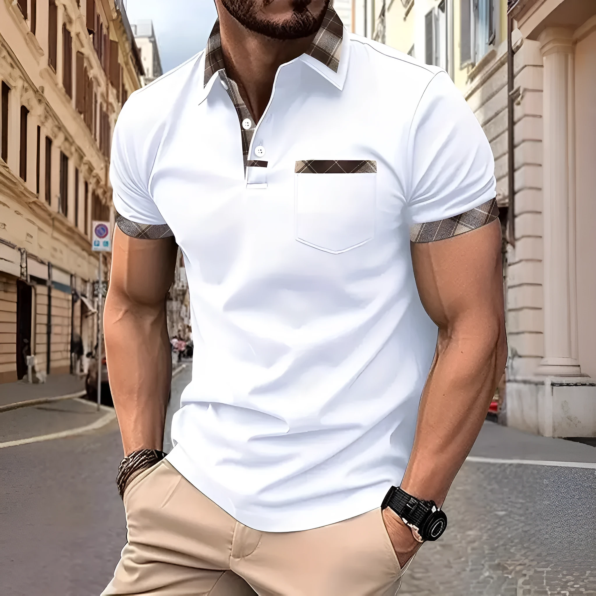 Men's loose fit plaid colourblock short sleeve t-shirt with zipper details on a neutral background.