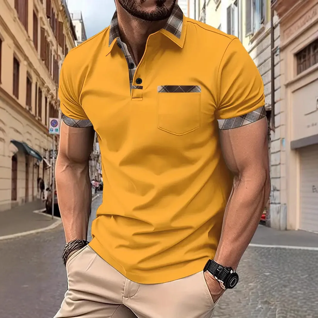 Men's loose fit plaid colourblock short sleeve t-shirt with zipper details on a neutral background.