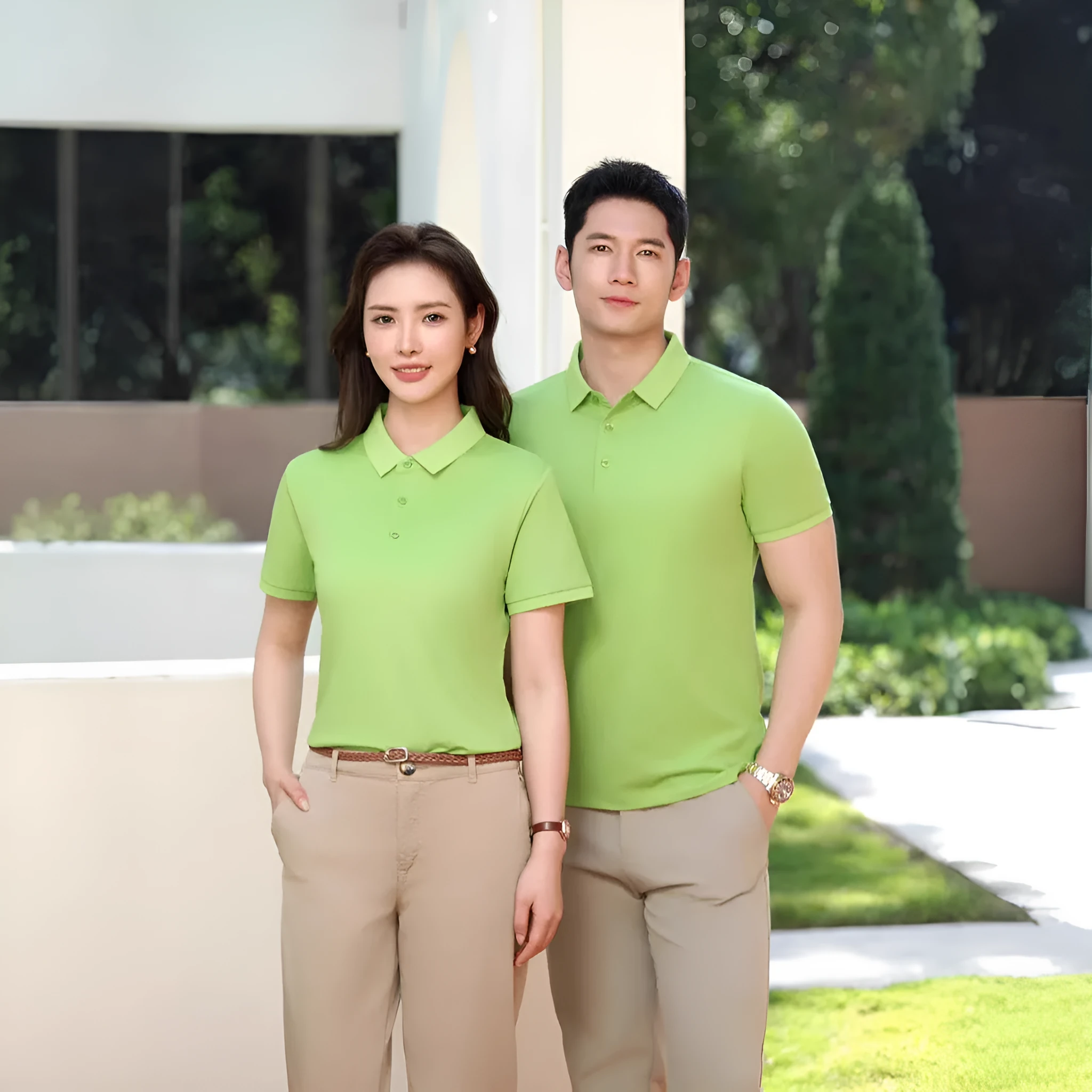 Men's solid colour cotton lapel polo shirt with short sleeves in slim fit