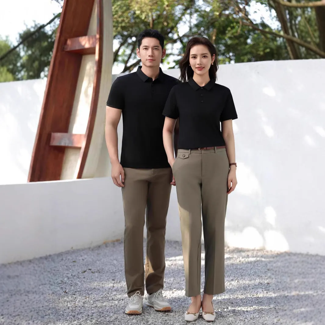 Men's solid colour cotton lapel polo shirt with short sleeves in slim fit