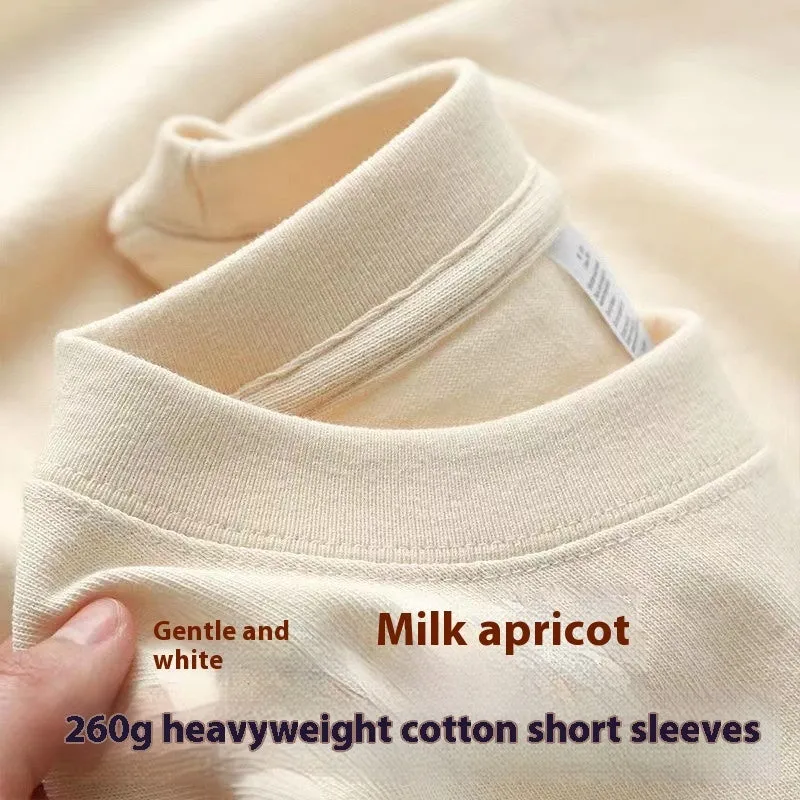 Loose half sleeve bottoming shirt in 260g heavy pure cotton with small American neckline, shown in ivory white