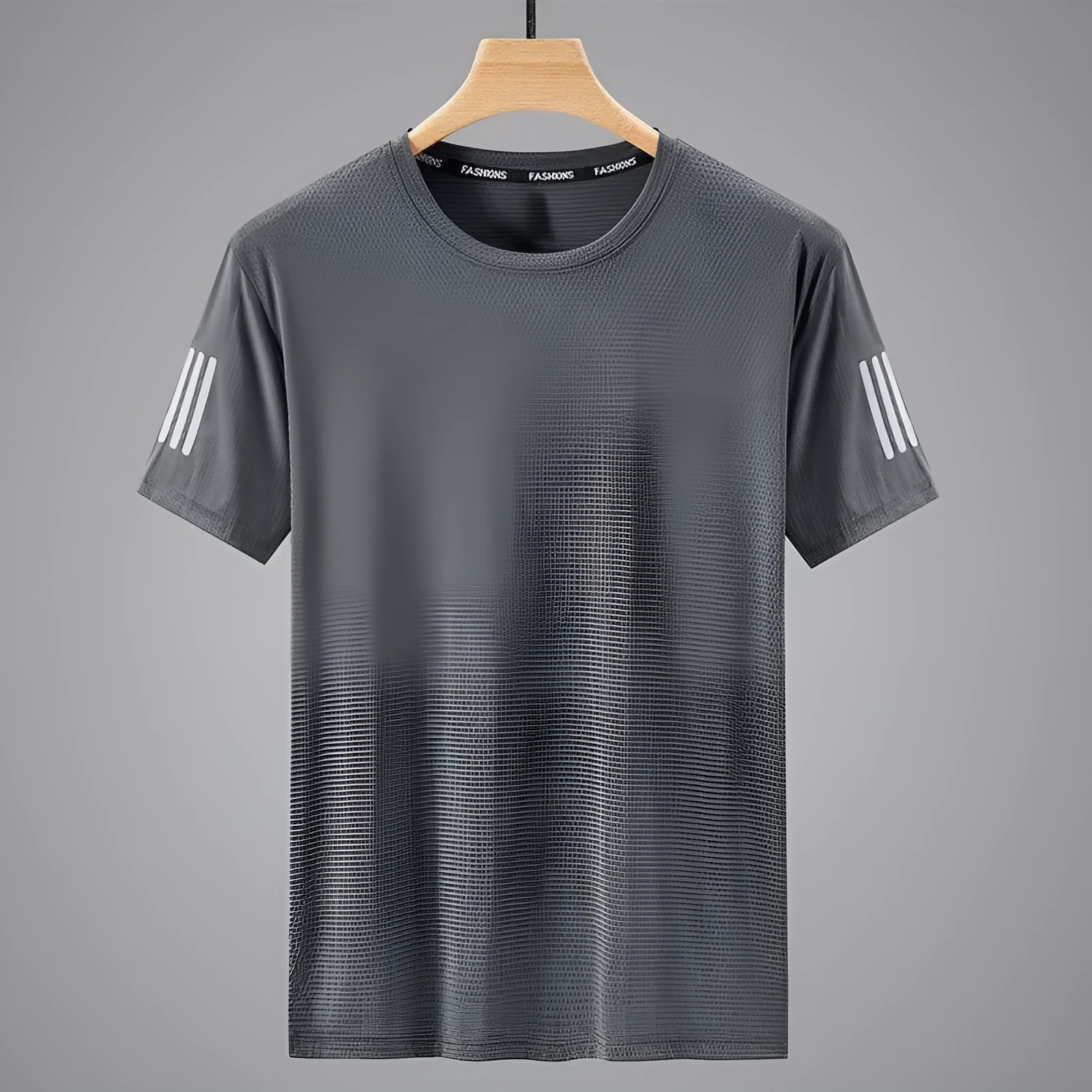 Men's summer solid colour ice T-shirt in black polyester bird eye cloth with round neck and short sleeves on a plain background