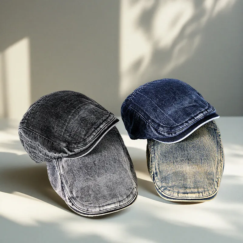 Men's flat top denim cap in wash-treated cotton fabric on a neutral background.