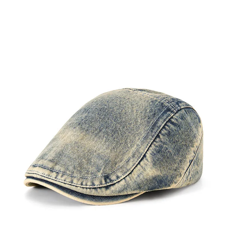 Men's flat top denim cap in wash-treated cotton fabric on a neutral background.