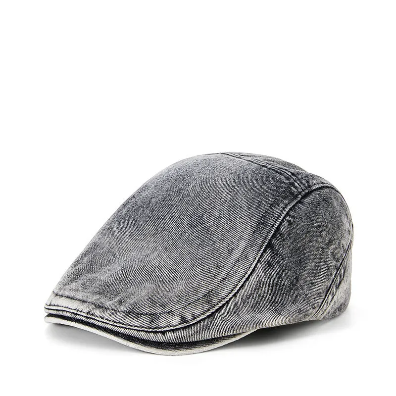 Men's flat top denim cap in wash-treated cotton fabric on a neutral background.