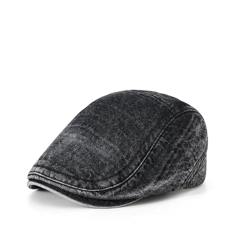 Men's flat top denim cap in wash-treated cotton fabric on a neutral background.