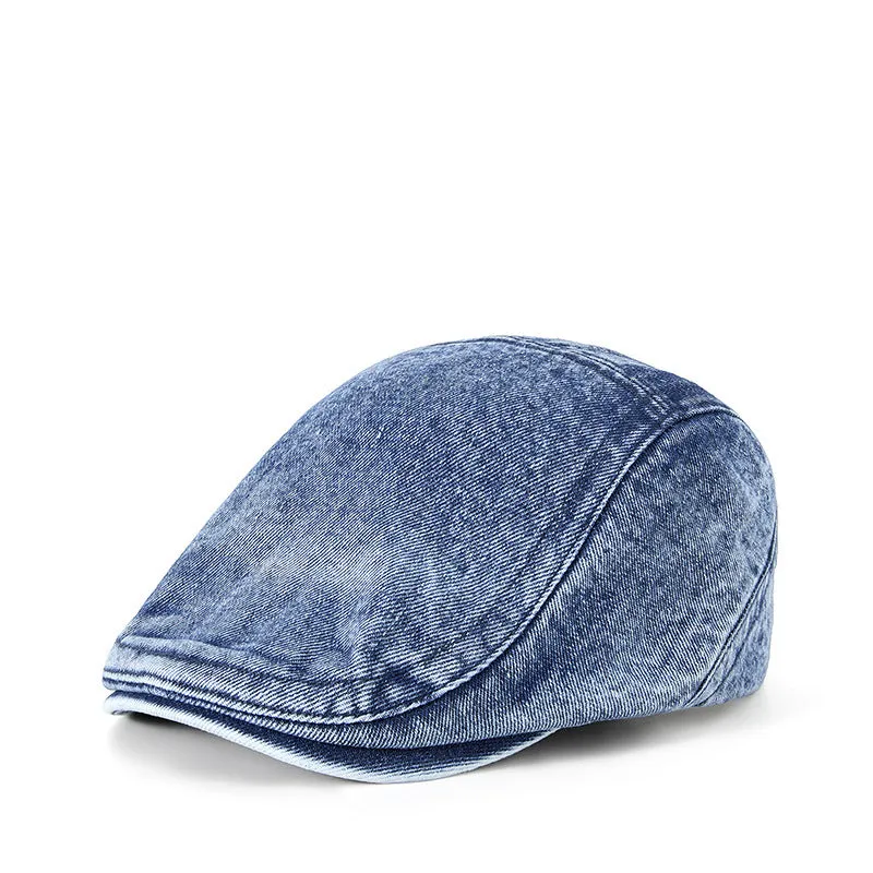 Men's flat top denim cap in wash-treated cotton fabric on a neutral background.