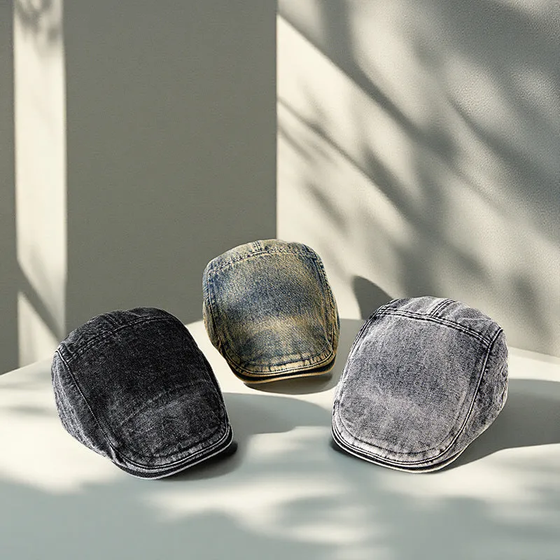 Men's flat top denim cap in wash-treated cotton fabric on a neutral background.