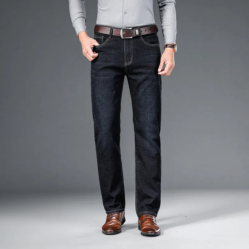 Men's straight-leg elastic business trousers in dark blue cotton denim, mid-waist, sizes 29-42