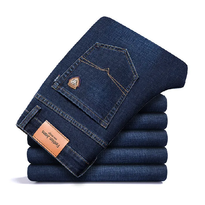 Men's straight-leg elastic business trousers in dark blue cotton denim, mid-waist, sizes 29-42