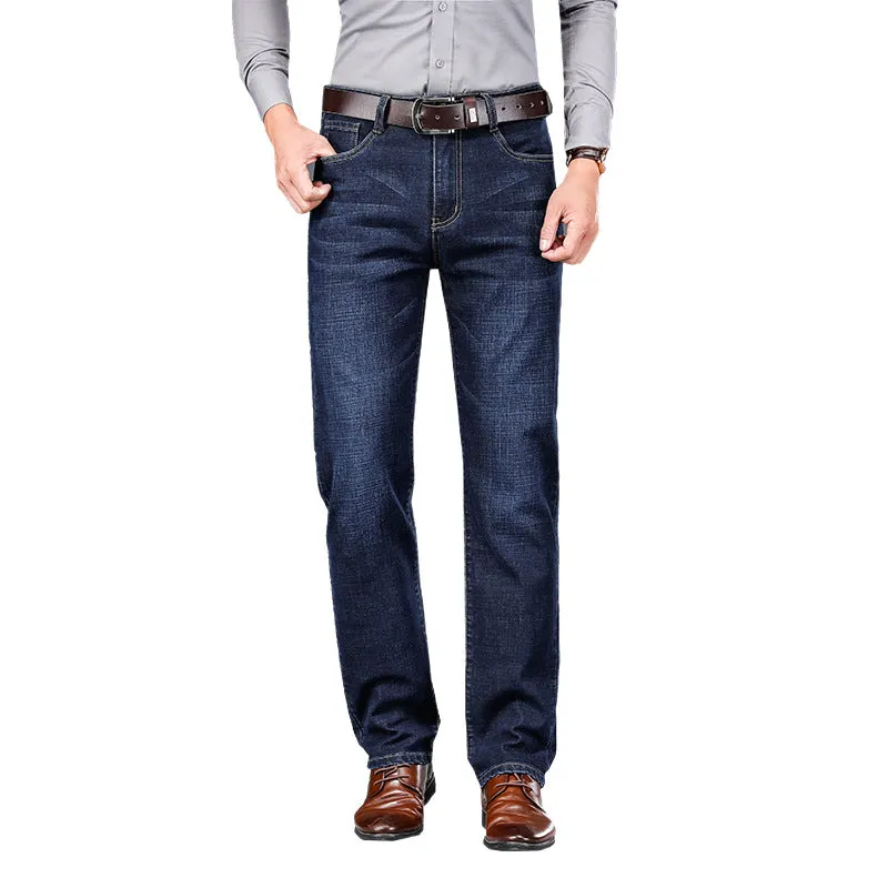 Men's straight-leg elastic business trousers in dark blue cotton denim, mid-waist, sizes 29-42