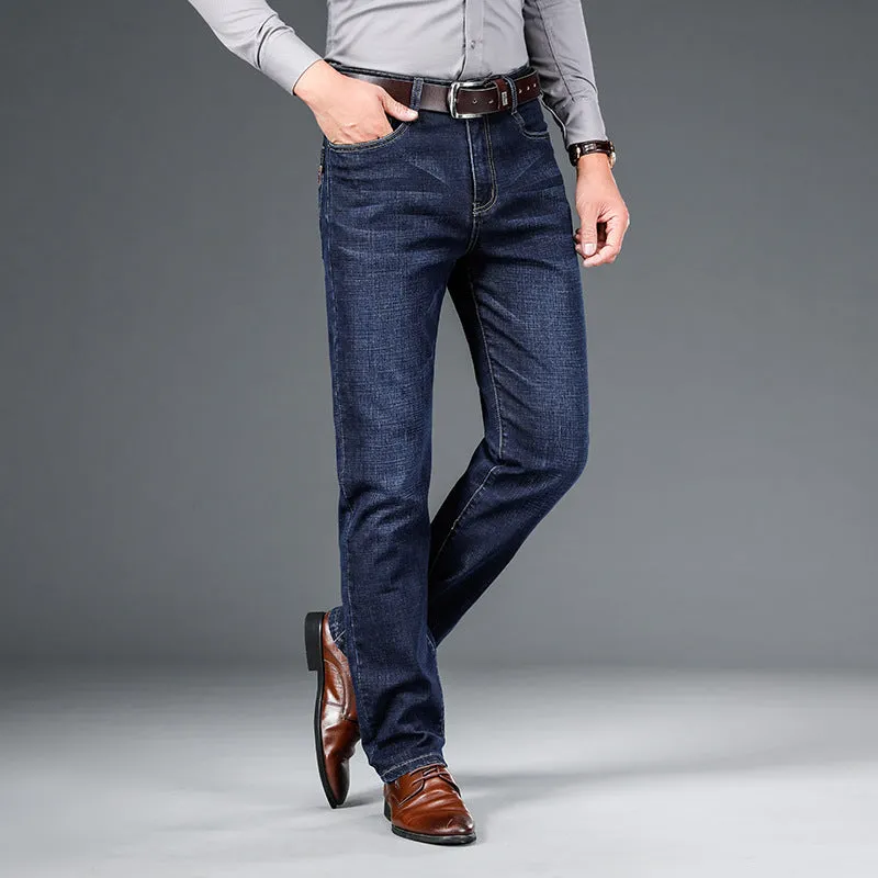 Men's straight-leg elastic business trousers in dark blue cotton denim, mid-waist, sizes 29-42