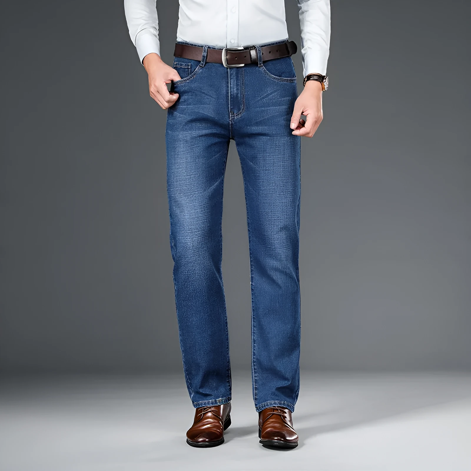 Men's straight-leg elastic business trousers in dark blue cotton denim, mid-waist, sizes 29-42