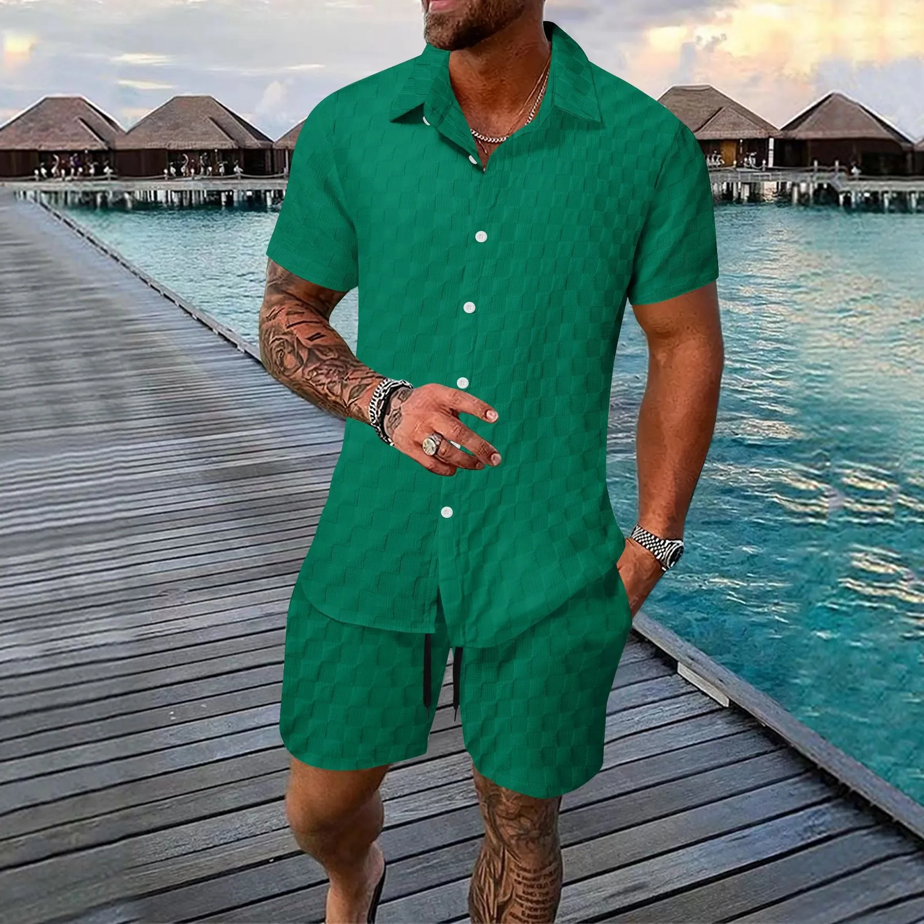 Men's chemical fibre shirt casual suit with short sleeve top and shorts in beige colour