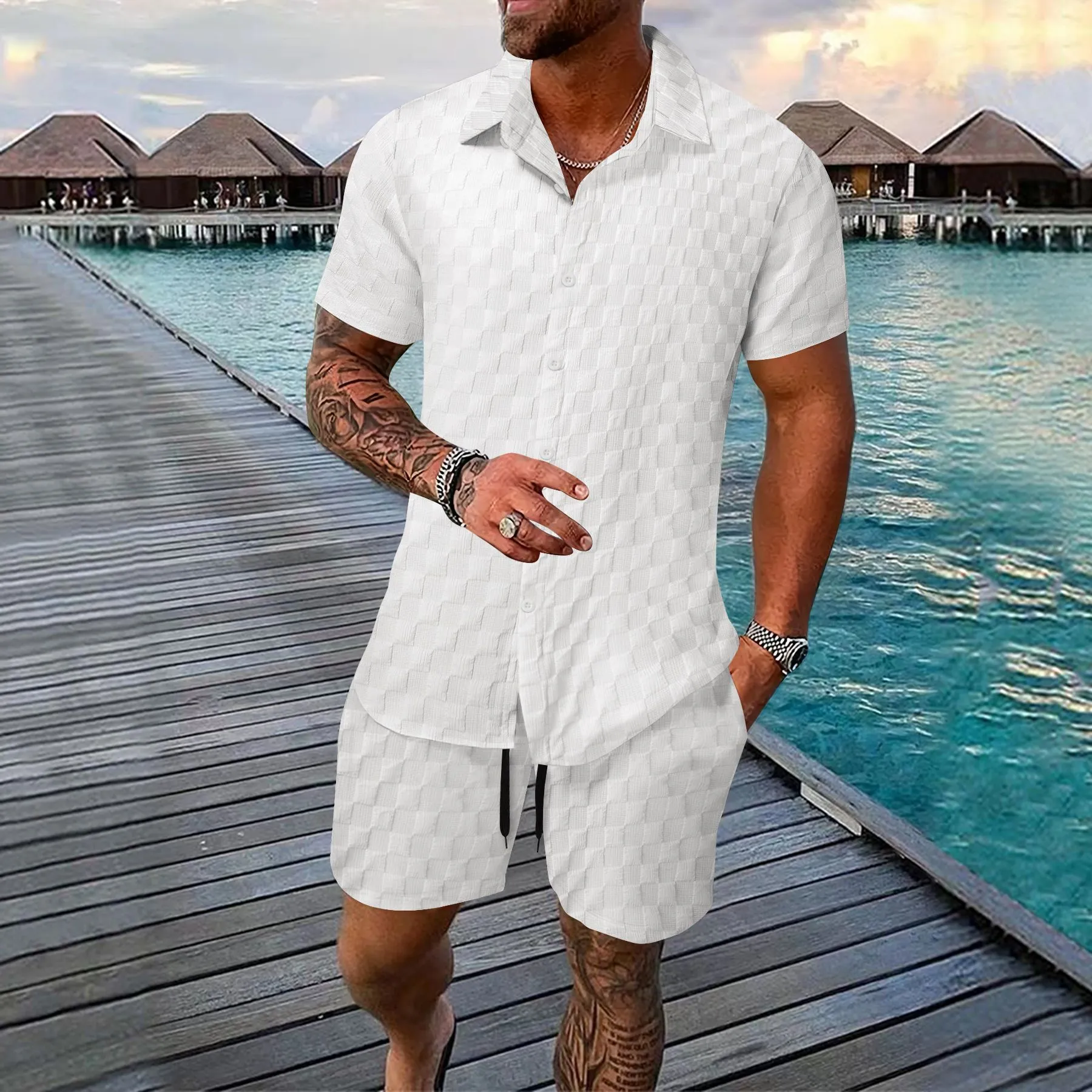 Men's chemical fibre shirt casual suit with short sleeve top and shorts in beige colour