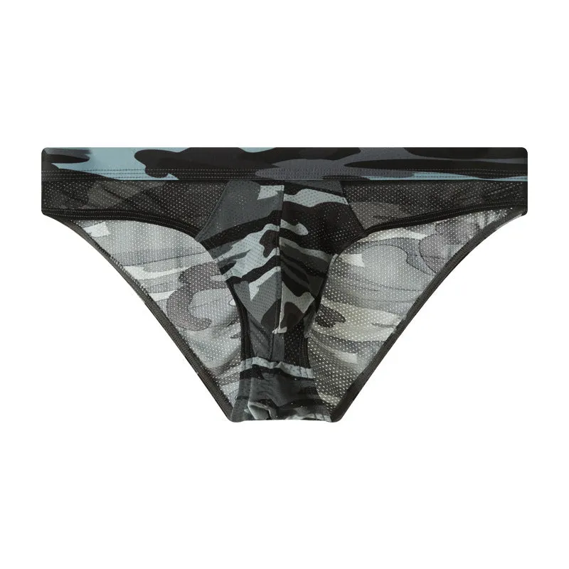Men's camouflage mesh colour matching low waist briefs in blue, green, and gray knitted polyester