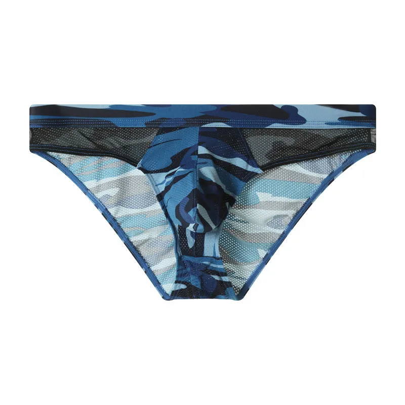 Men's camouflage mesh colour matching low waist briefs in blue, green, and gray knitted polyester