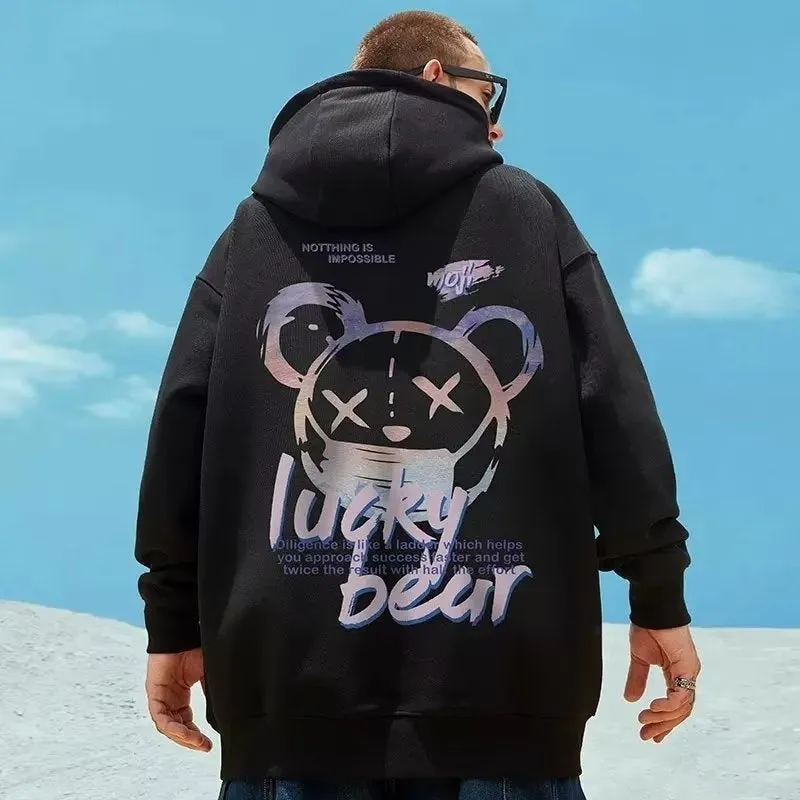 Men's plus size pullover hooded sweatshirt in black with wool lining and front pocket