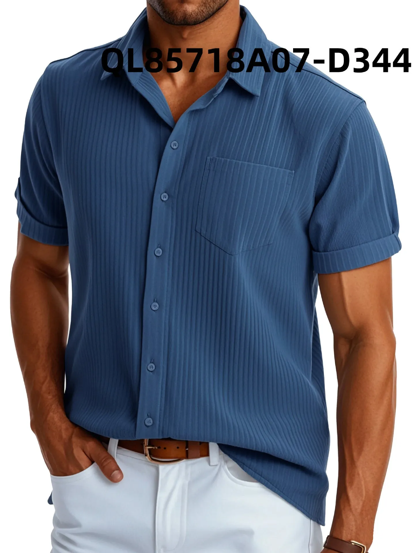 Men's loose fit short sleeve lapel shirt in printed polyester, shown in black line and white line colour options.
