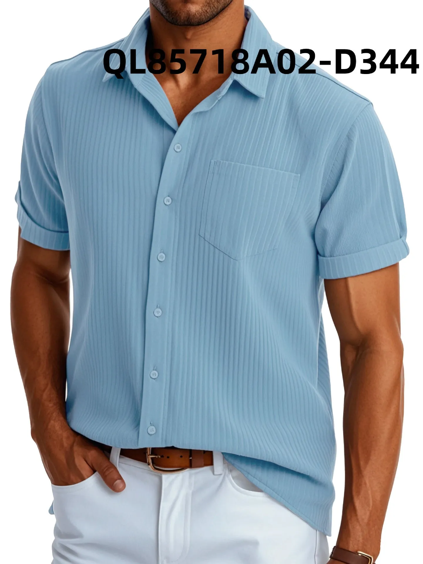 Men's loose fit short sleeve lapel shirt in printed polyester, shown in black line and white line colour options.