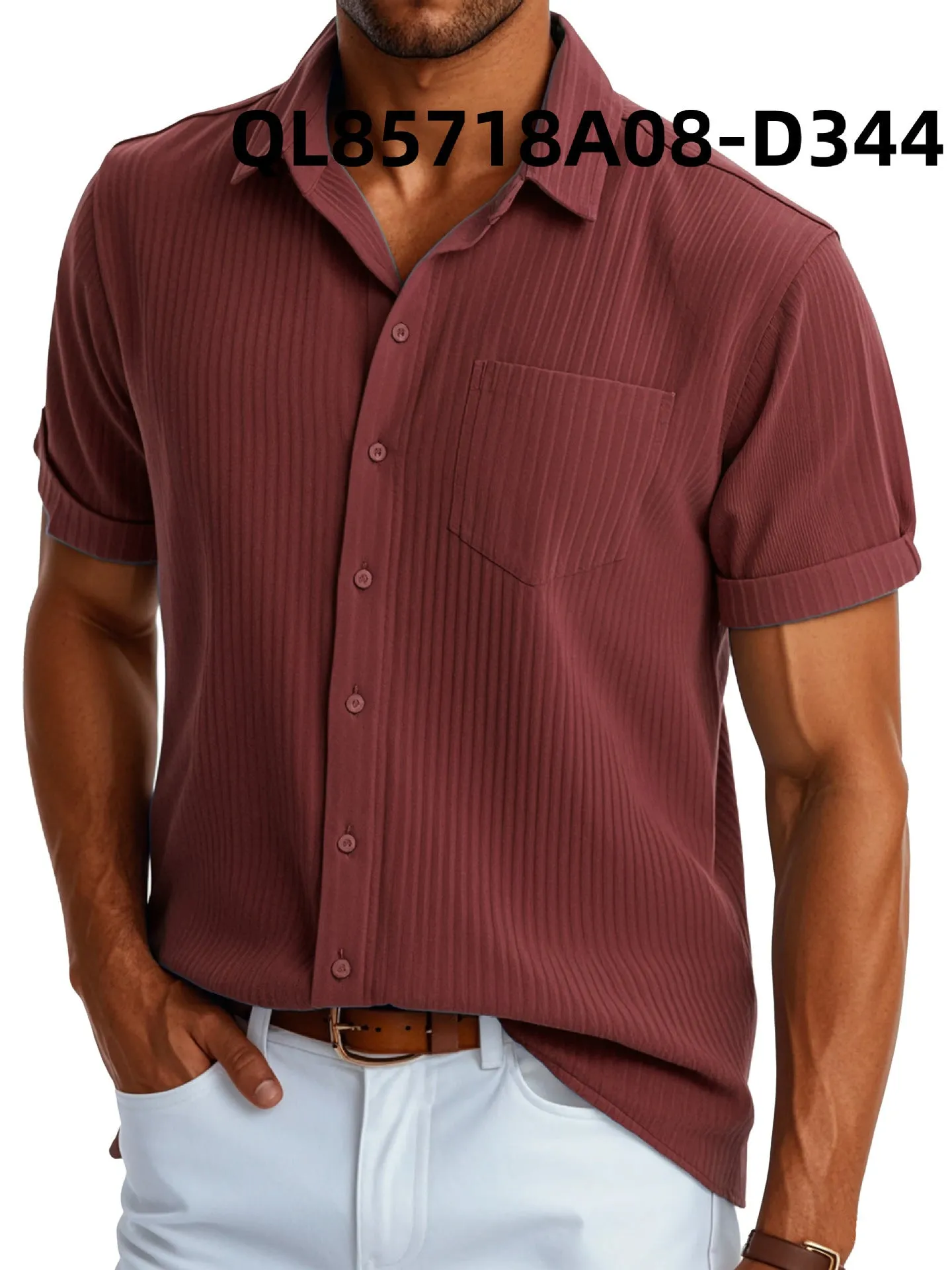 Men's loose fit short sleeve lapel shirt in printed polyester, shown in black line and white line colour options.