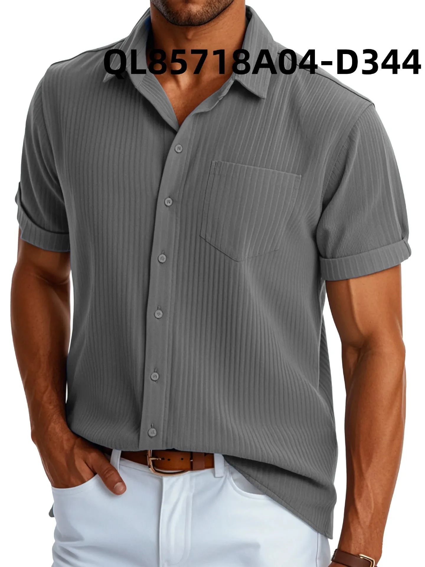 Men's loose fit short sleeve lapel shirt in printed polyester, shown in black line and white line colour options.