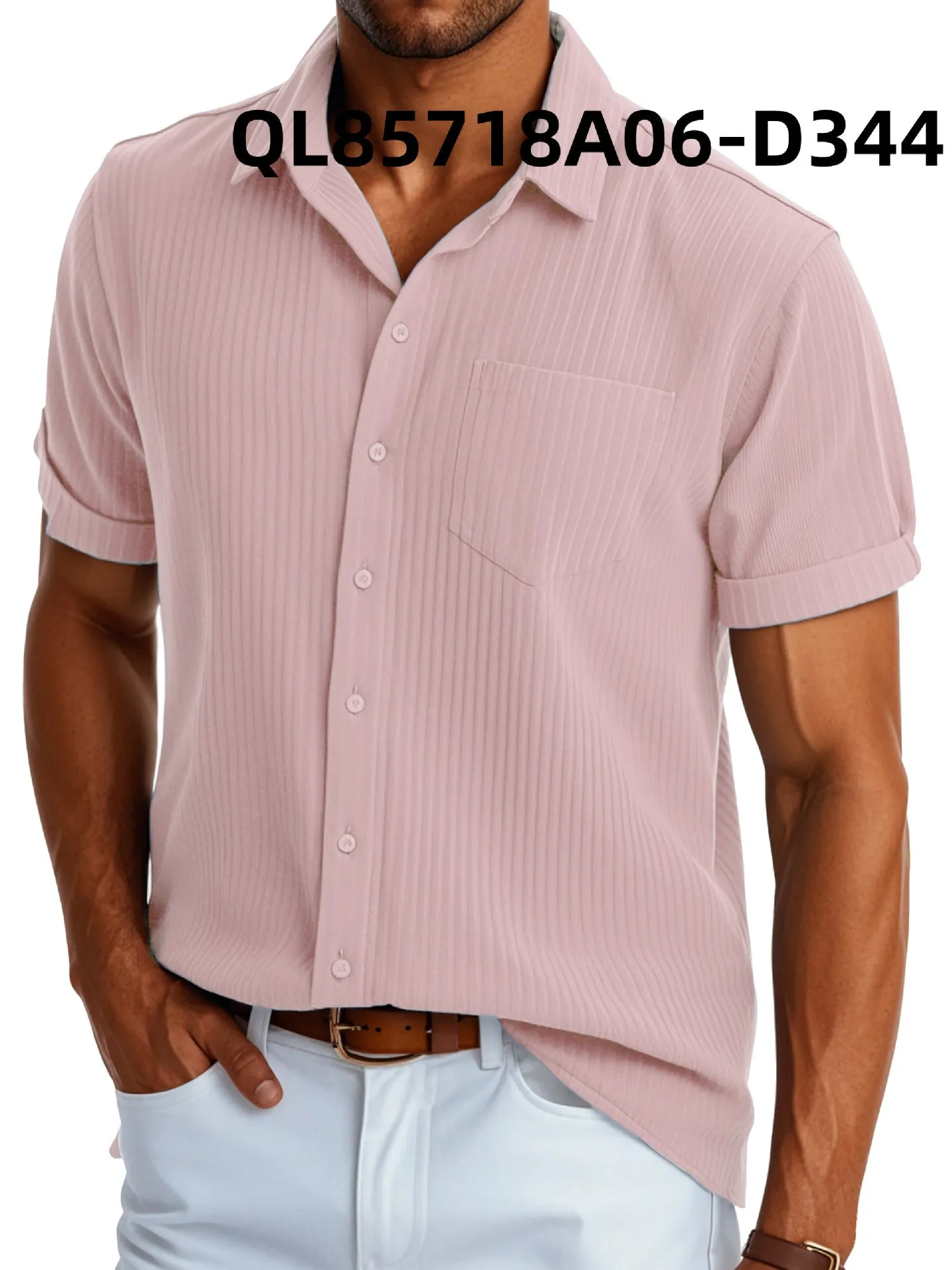 Men's loose fit short sleeve lapel shirt in printed polyester, shown in black line and white line colour options.
