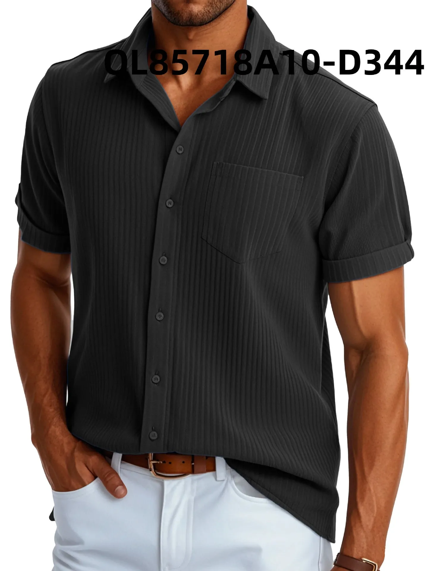 Men's loose fit short sleeve lapel shirt in printed polyester, shown in black line and white line colour options.