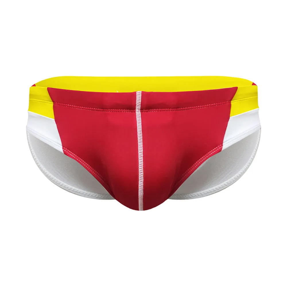 Men's nylon swim briefs with bright line colour matching and hip drainage line, available in red and dark blue