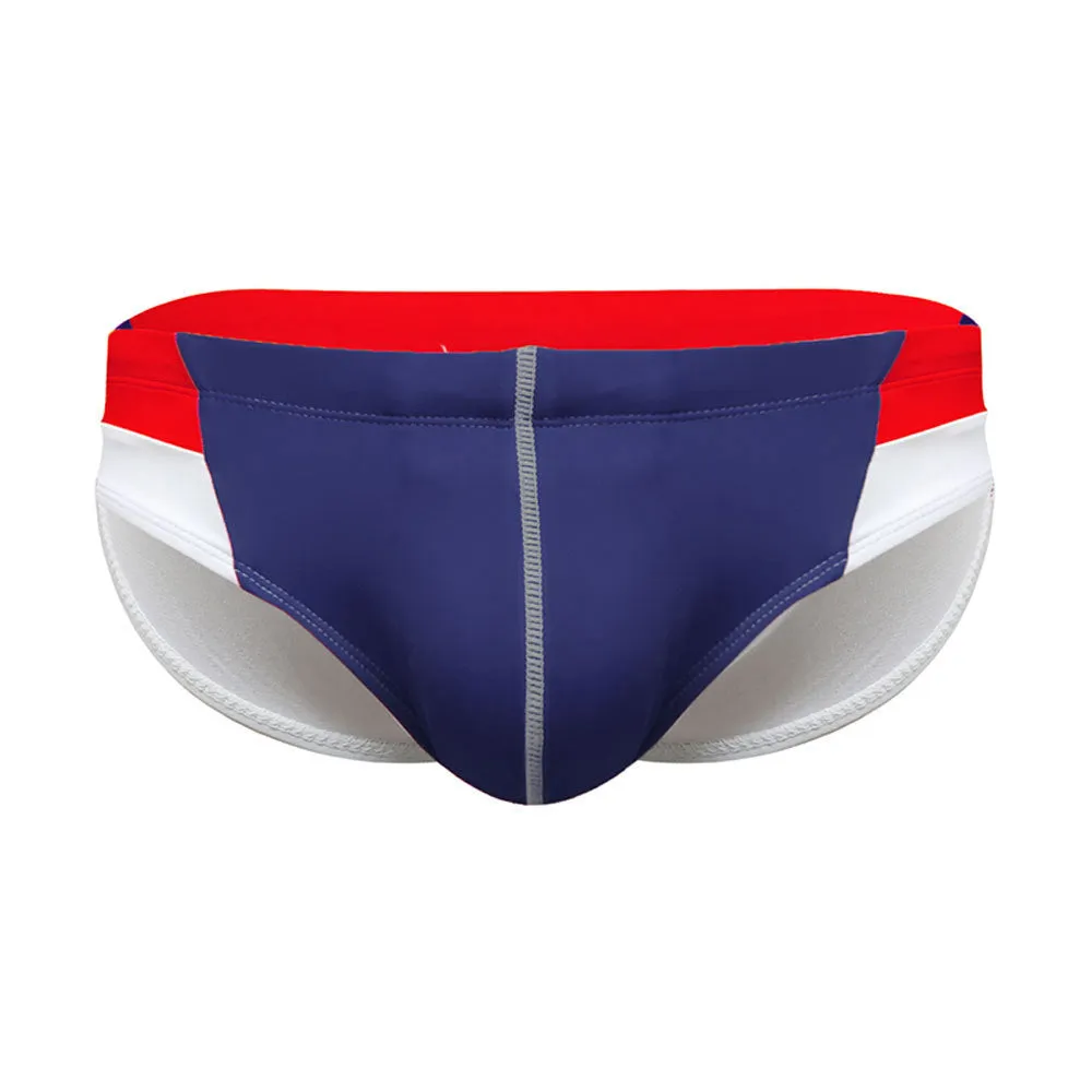 Men's nylon swim briefs with bright line colour matching and hip drainage line, available in red and dark blue
